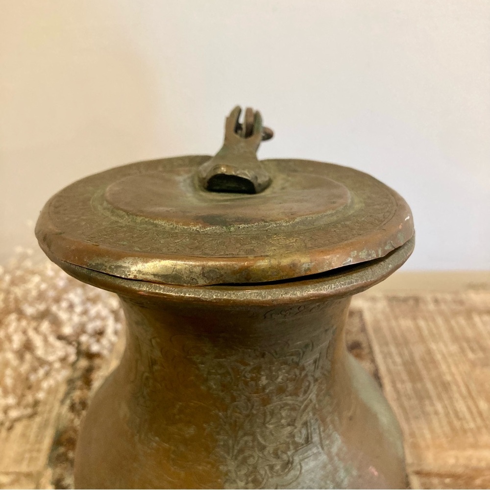 Hand Etched Vintage Metal Pitcher with Lid and Dovetail Joinery Middle Eastern - Picture 14 of 17